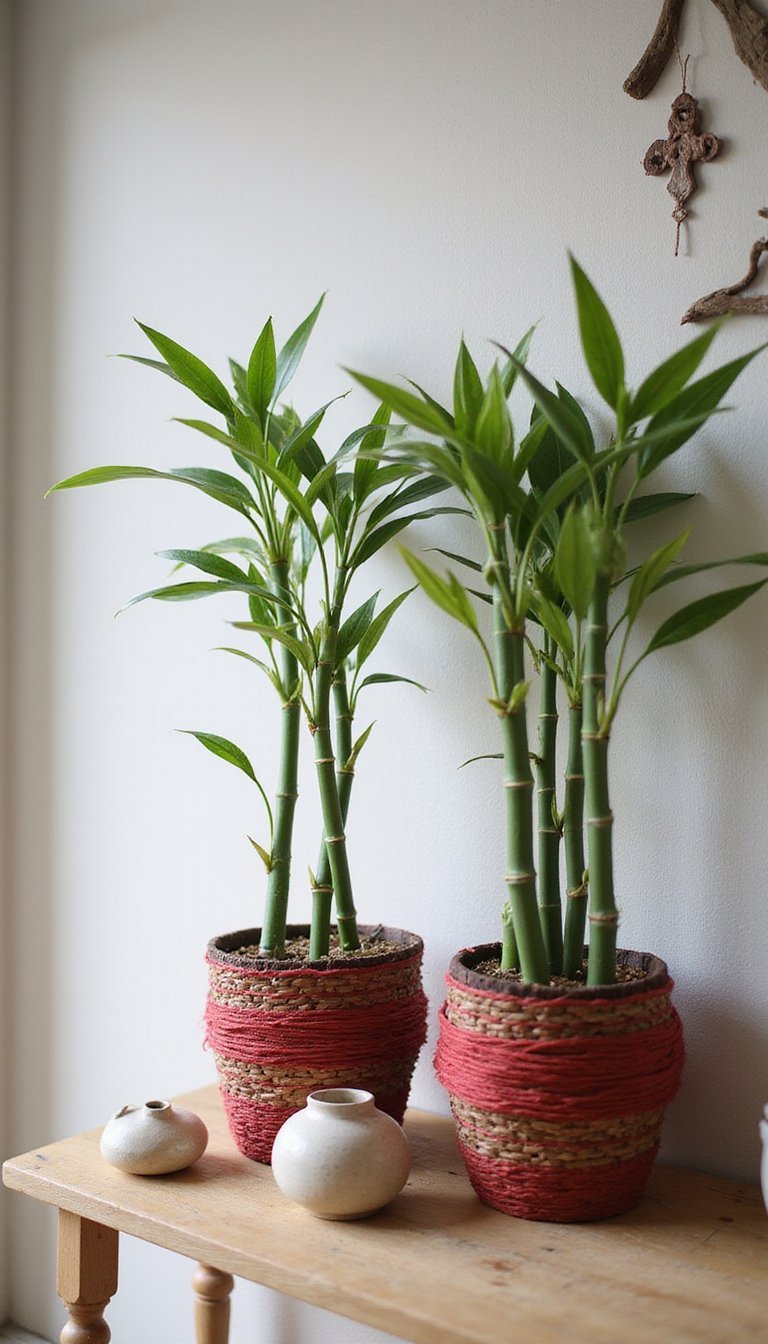 Lucky Bamboo Planters Wrapped In Red Thread