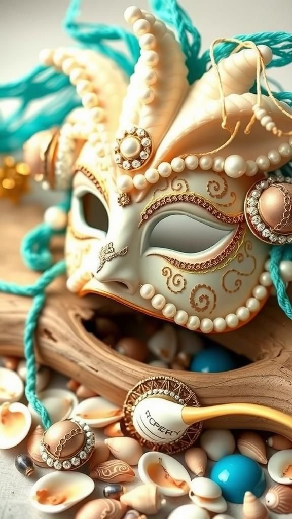 Coastal Seashell Masquerade With Pearls And Netting