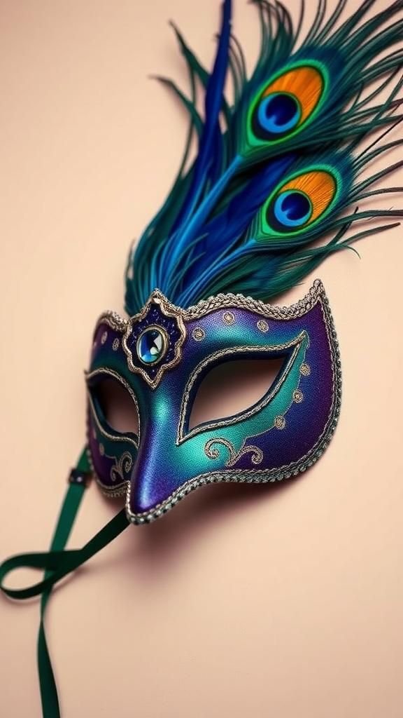 Peacock Feather Fan Mask With Jewel Tones