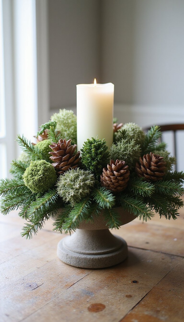 Centro Silvestre Con Piñas Y Musgo Verde