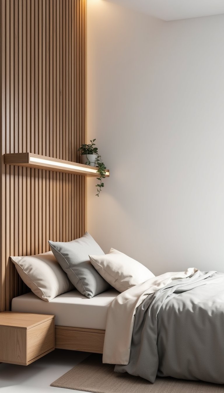 Minimal Slatted Wood Headboard With Shelf