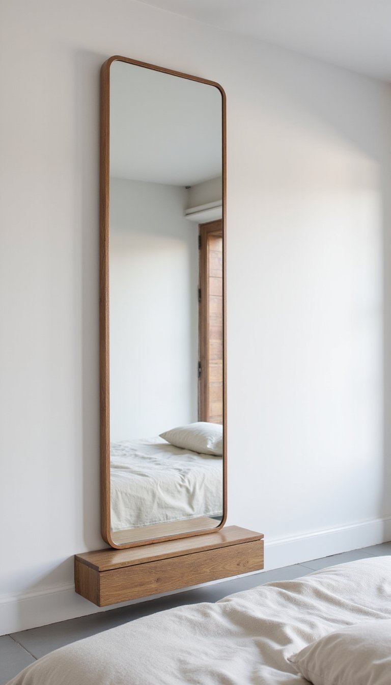 Slim Vertical Mirror With Wooden Ledge