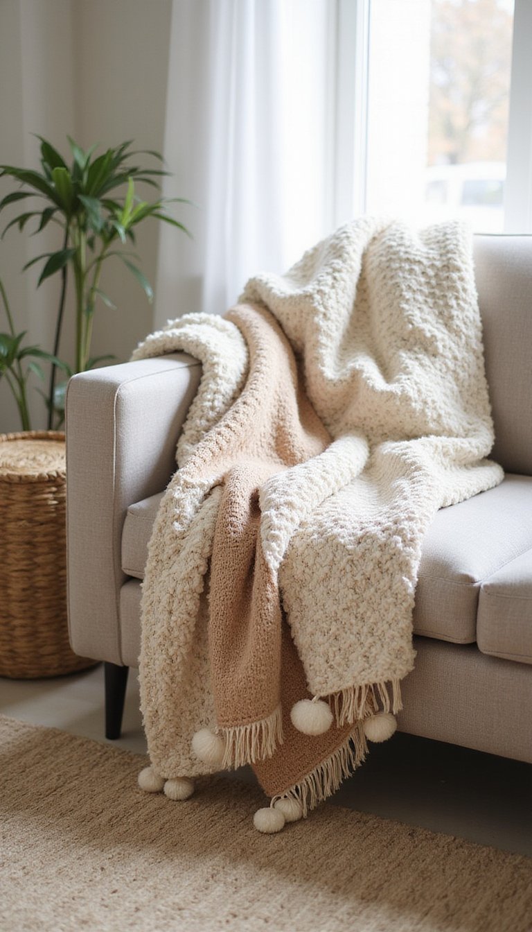 Cozy Neutral Pom-Pom Fringe Throw Blanket