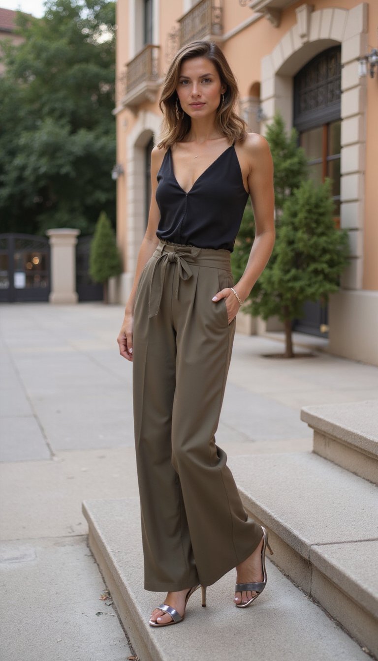 Pantalón Wide-Leg Con Top Ajustado Y Tacones