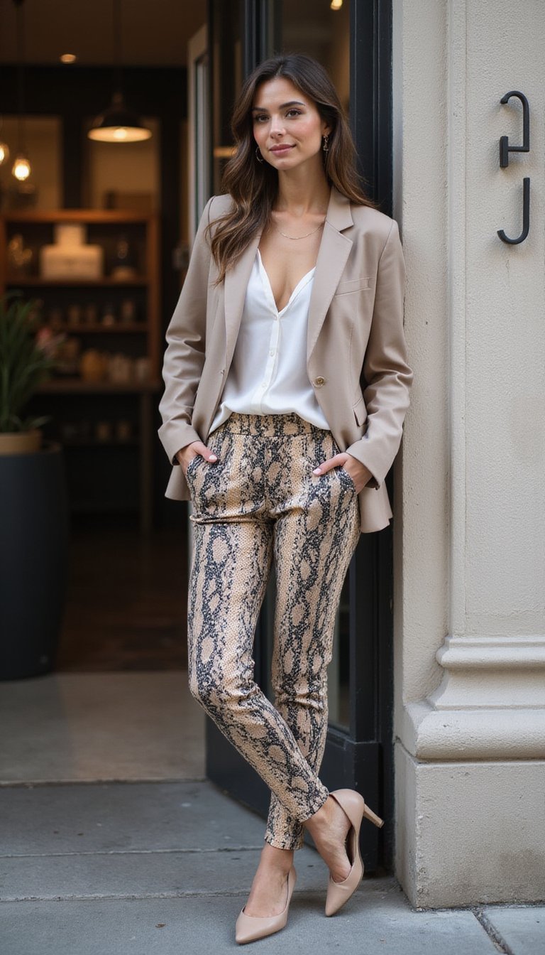 Pantalón Ajustado De Serpiente Y Blazer Neutro