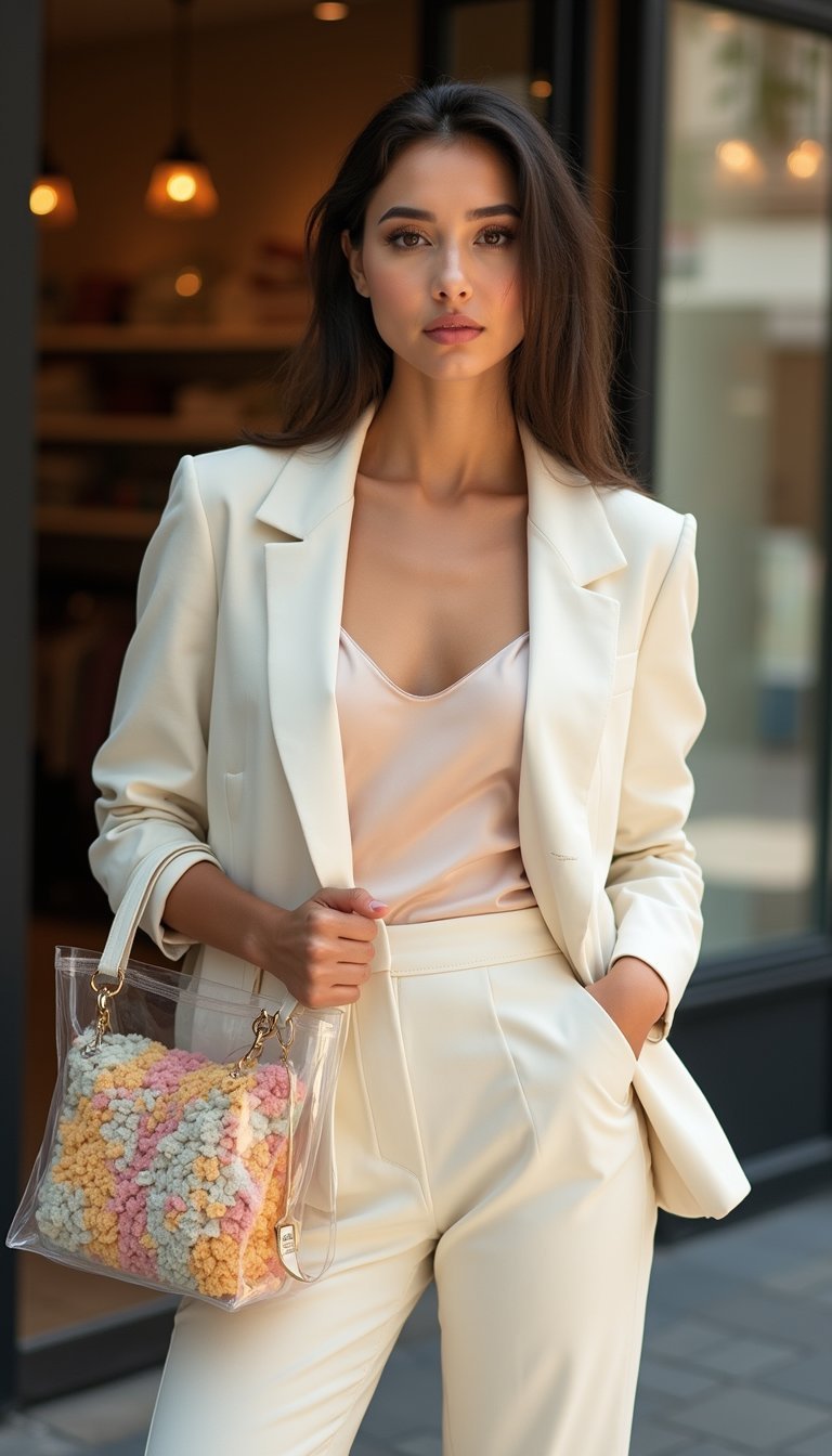 Blazer Pastel Y Bolso Transparente Con Interior Color