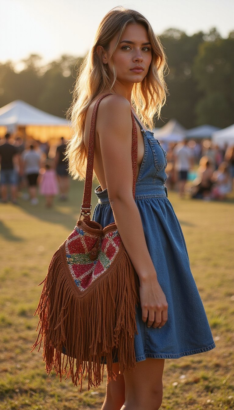 Denim Vestido Y Bolso Flecos Oversize Colorido