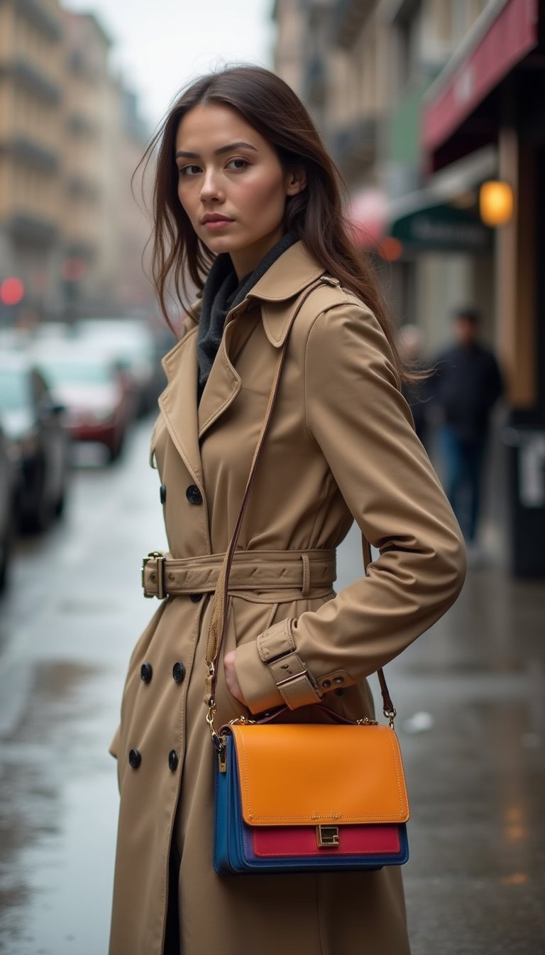 Trench Clásico Y Bolso Caja Estructurado Colorido