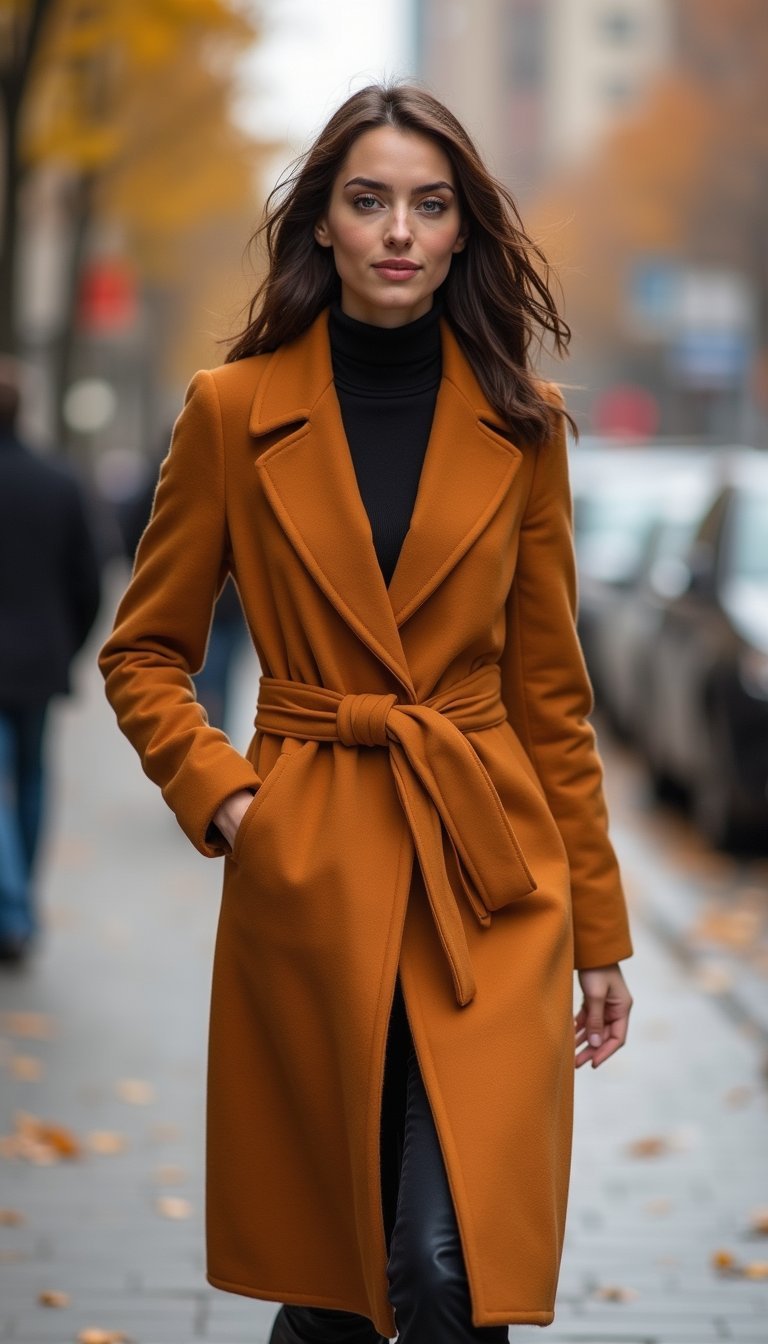 Abrigo Largo Ceñido Con Cinturón Elegante De Calle
