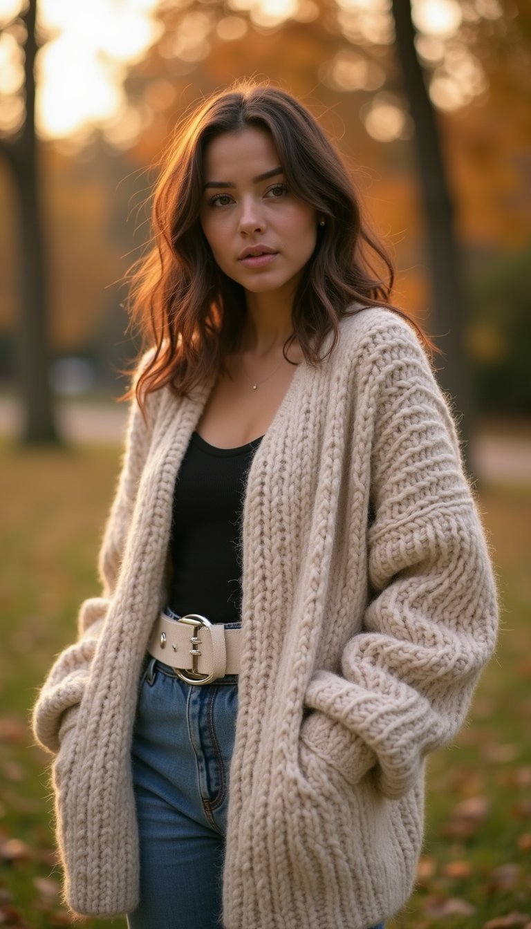 Cárdigan Oversize Con Cinturón Para Otoño Cálido