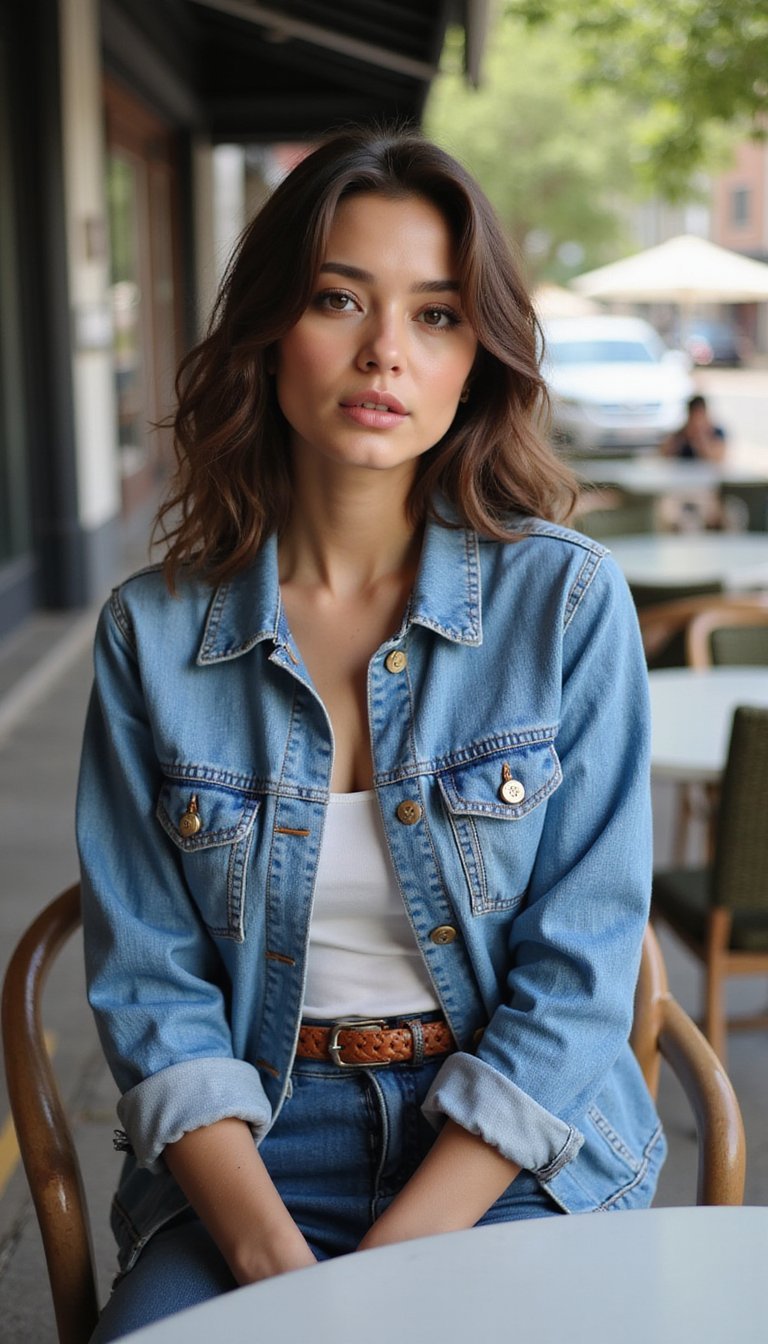Chaqueta Vaquera Con Cinturón Para Brunch Informal