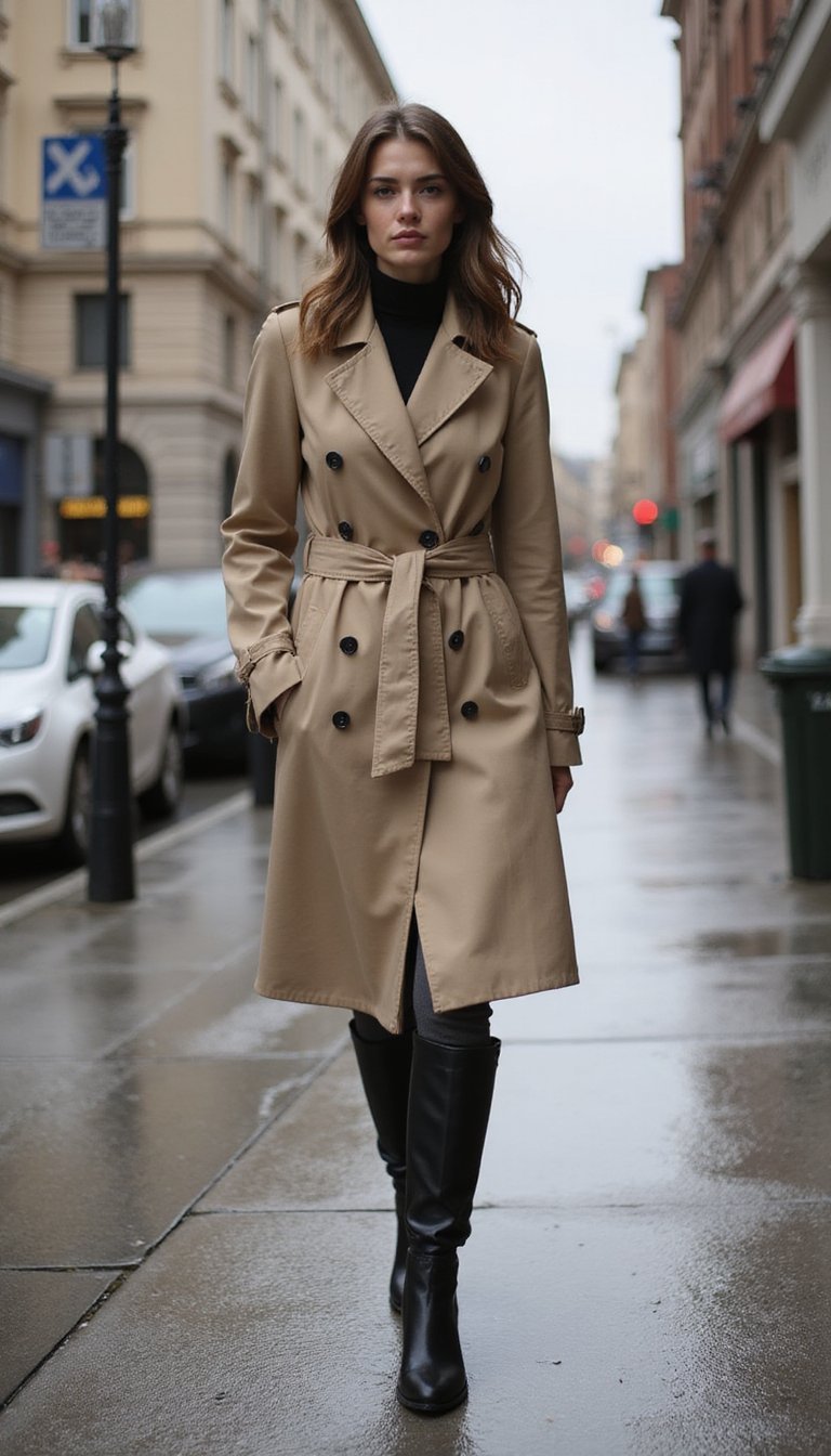 Trench Clásico Anudado Con Cinturón Y Botas