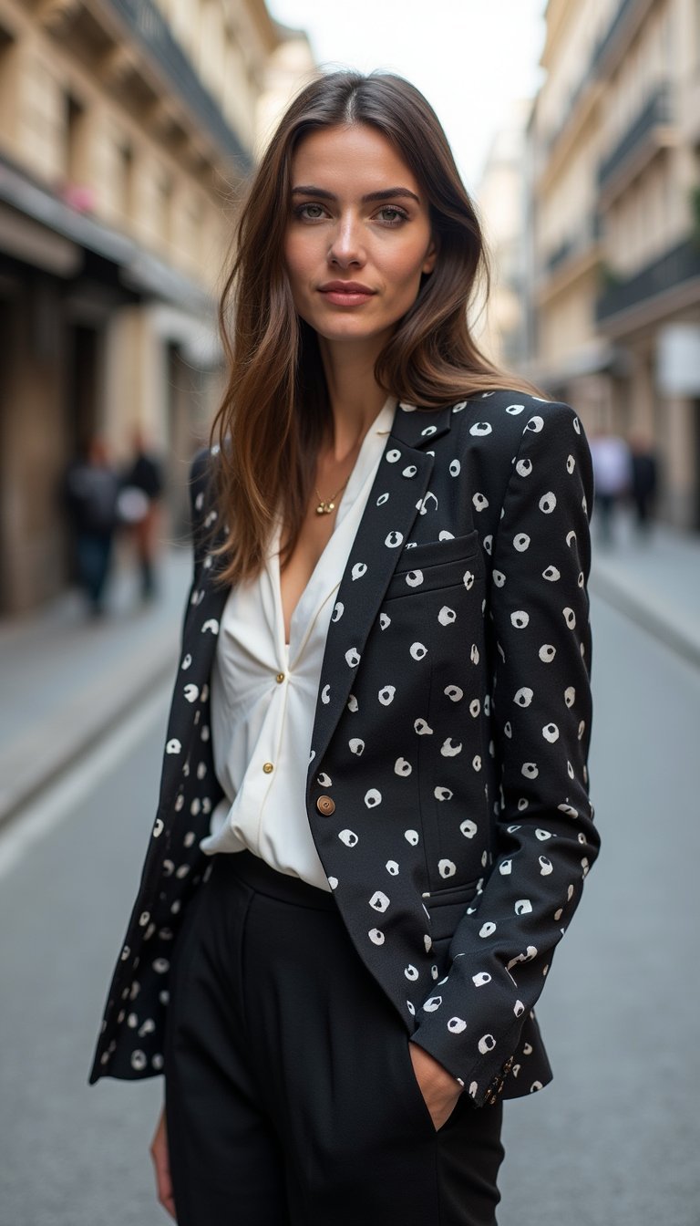 Blazer De Lunares Sobre Look Monocromático Urbano