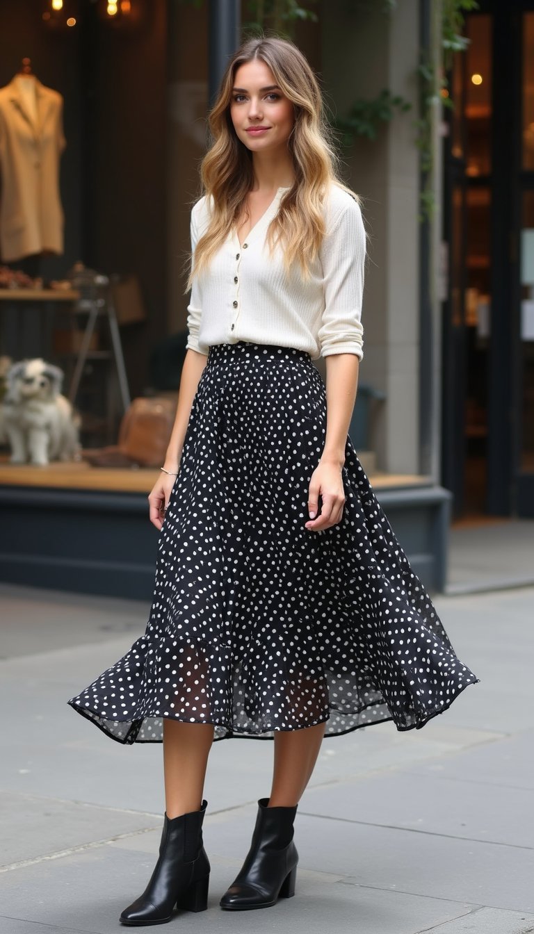 Falda Midi Fluida De Lunares Y Botines Urbanos