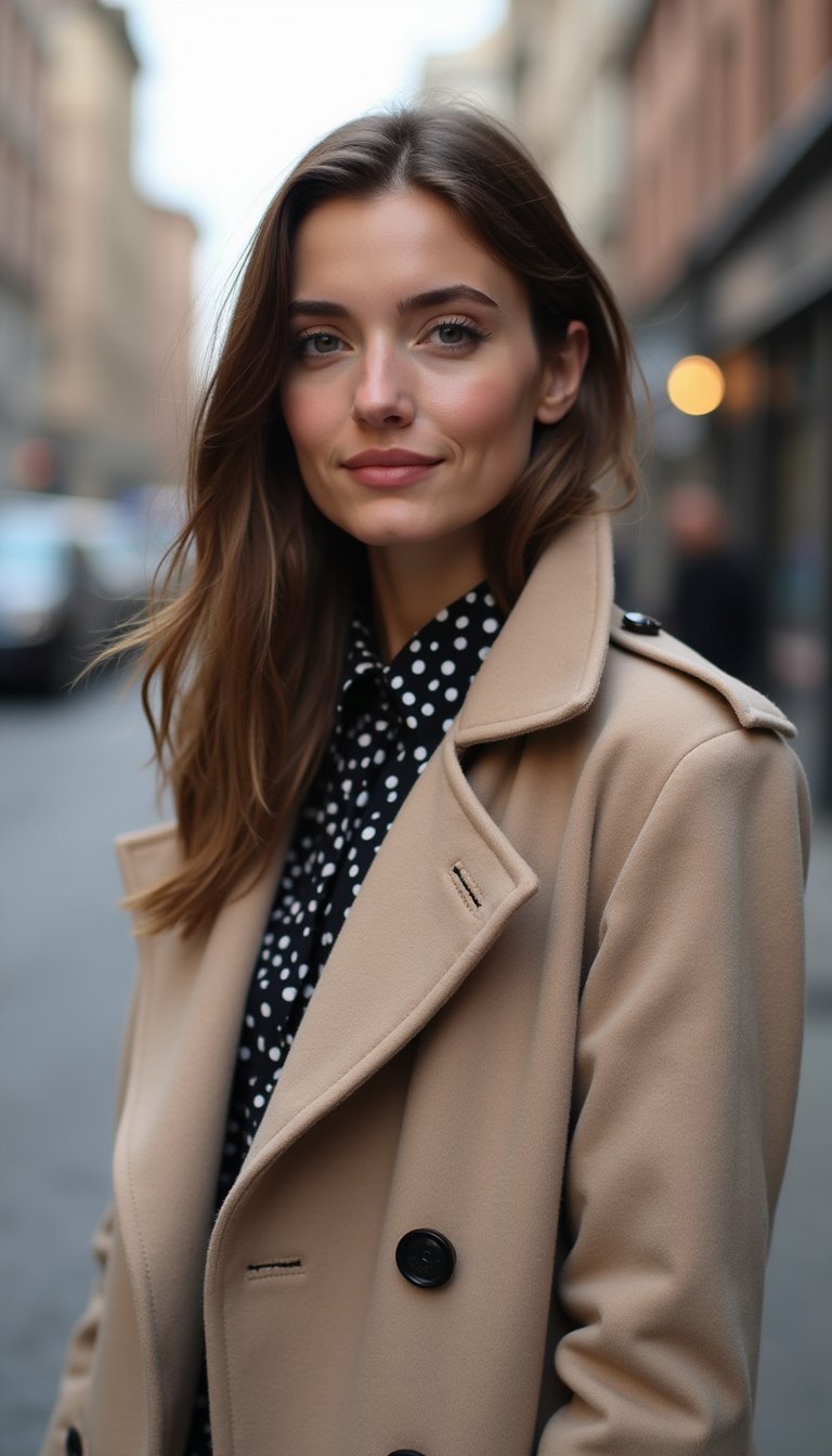 Look A Capas Con Lunares Y Abrigo Neutro