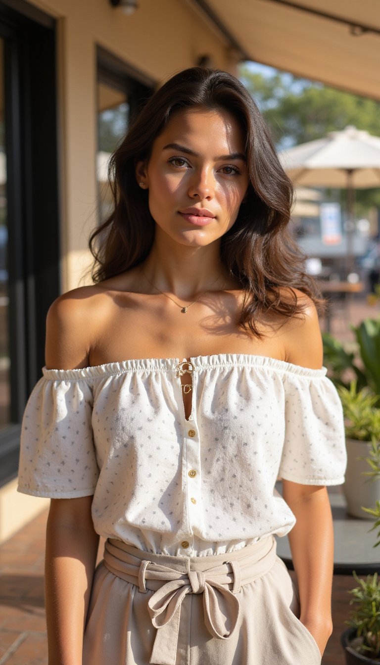 Top Off Shoulder De Lunares Y Lino Ligero
