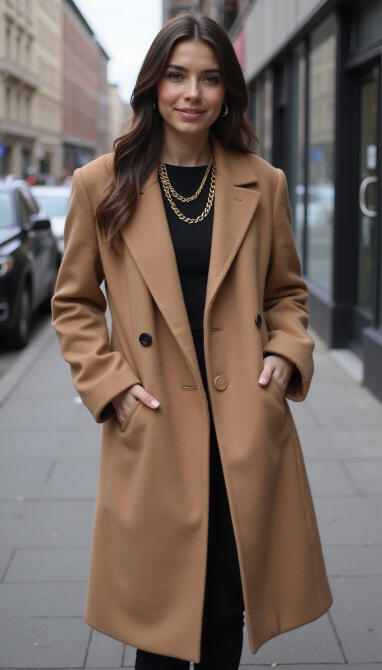 Abrigo Largo Neutro Con Collar Dorado De Cadena