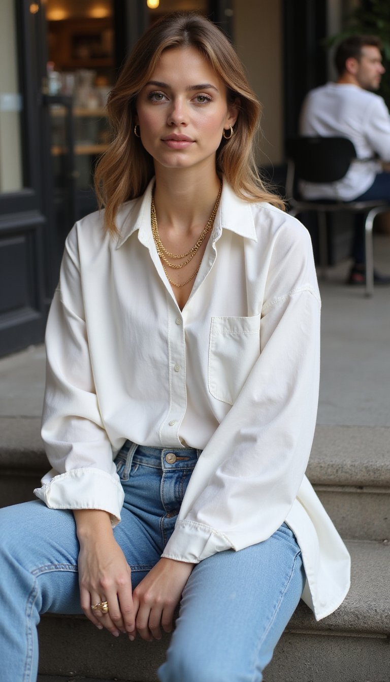 Camisa Blanca Oversize Con Cadena Dorada Corta