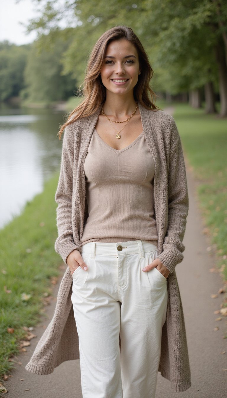 Cardigan Largo Con Collar Dorado Y Pantalón De Lino