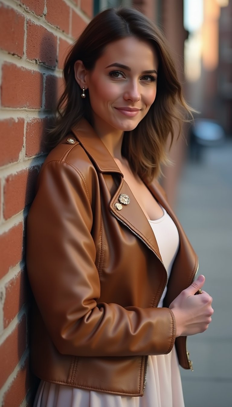 Chaqueta De Cuero Suave Con Broche Dorado Minimal