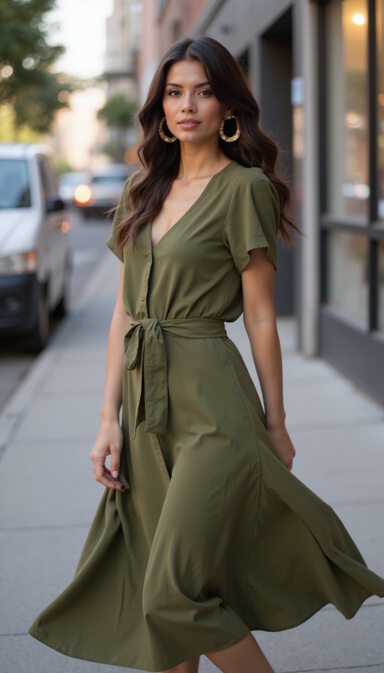 Vestido Midi Fluido Con Aros Dorados Pequeños
