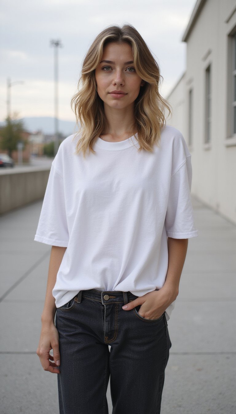 Elegante Minimalista Con Camiseta Blanca Y Mom Jeans