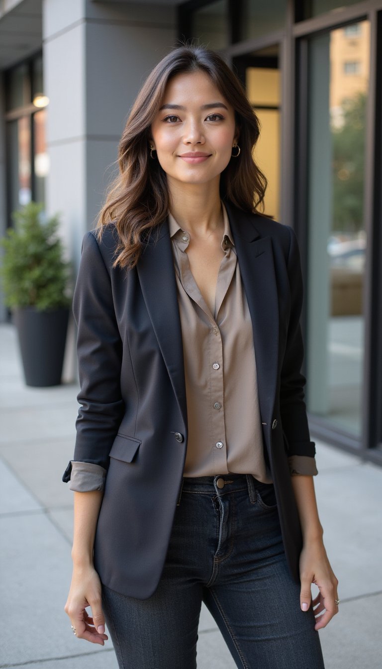 Oficina Casual Con Blazer Y Mom Jeans Relajados