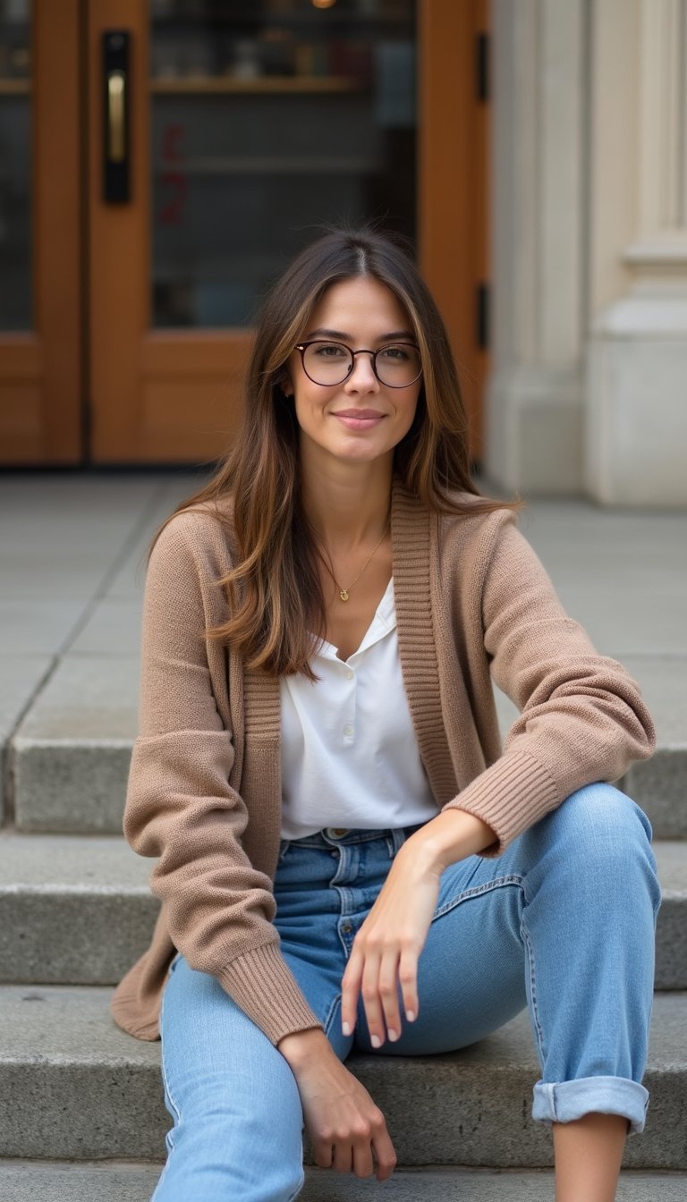 Preppy Moderno Con Cárdigan Y Mom Jeans Relajados