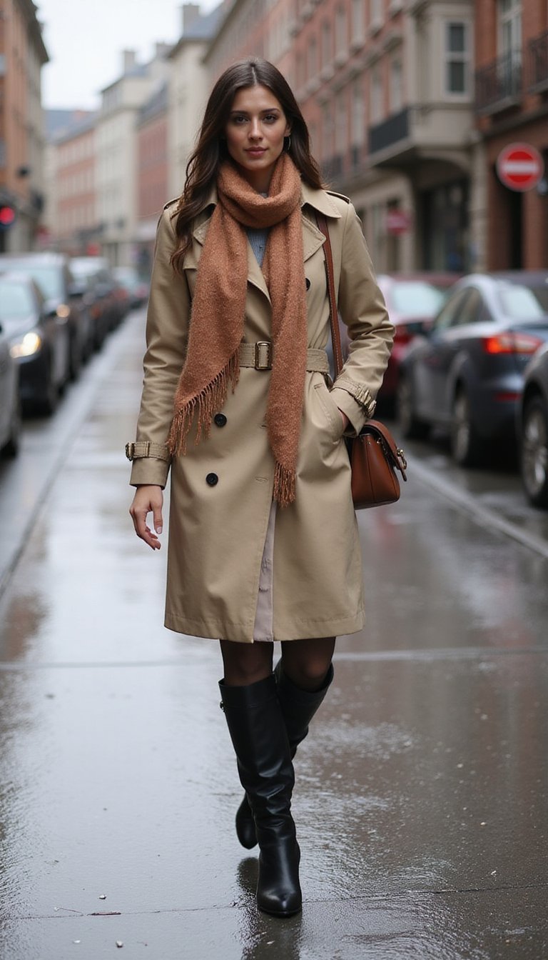 Pañuelo Con Gabardina Y Botines Café