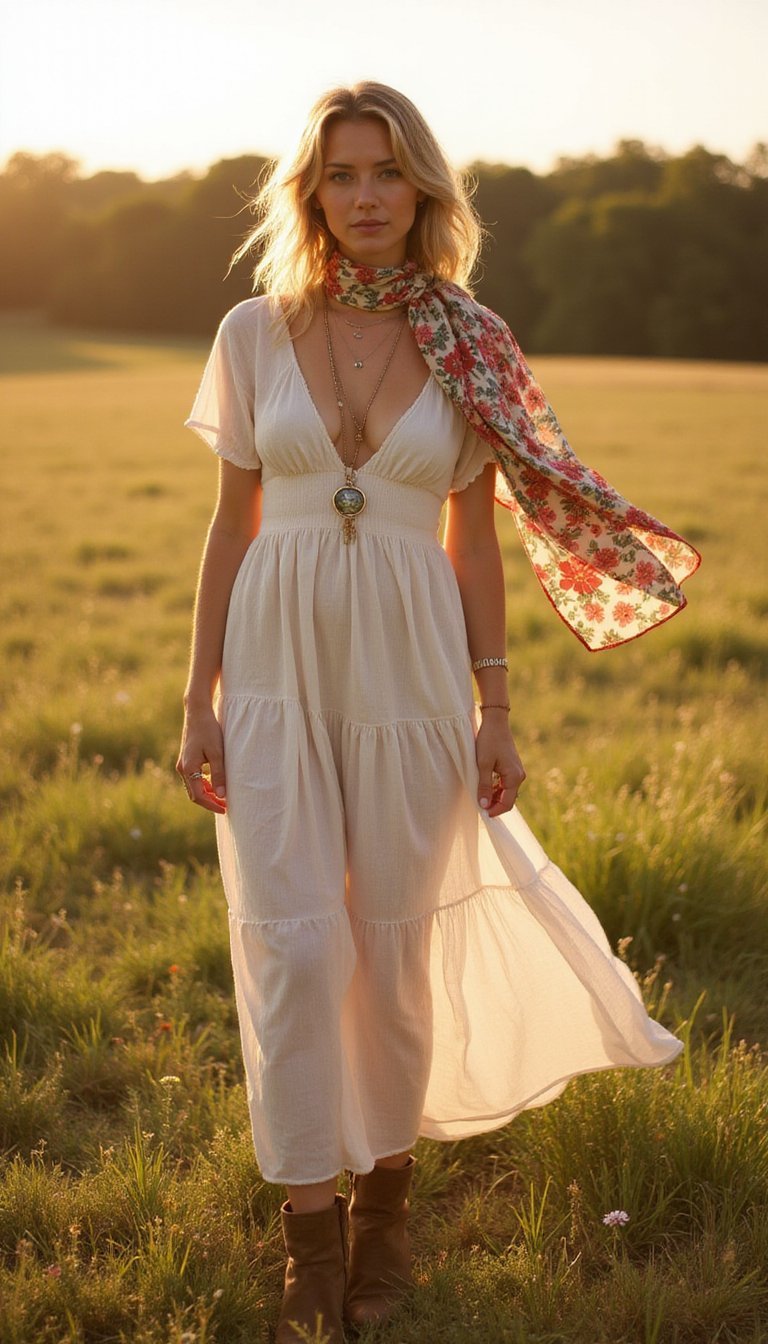 Pañuelo Floral En Look Bohemio Suelto