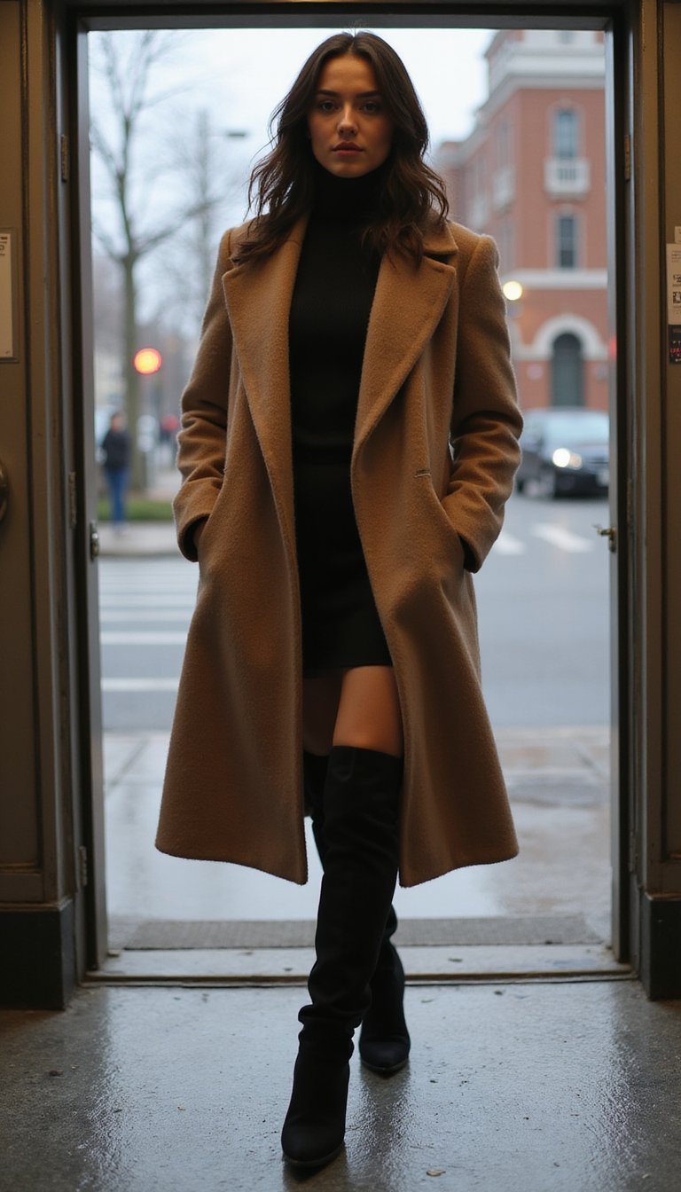 Abrigo Largo De Lana Y Botas Plataforma Para Invierno