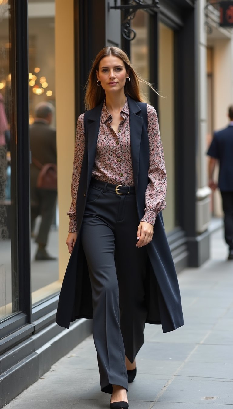 Blusa Estampada Y Chaleco Largo Con Plataformas Casual