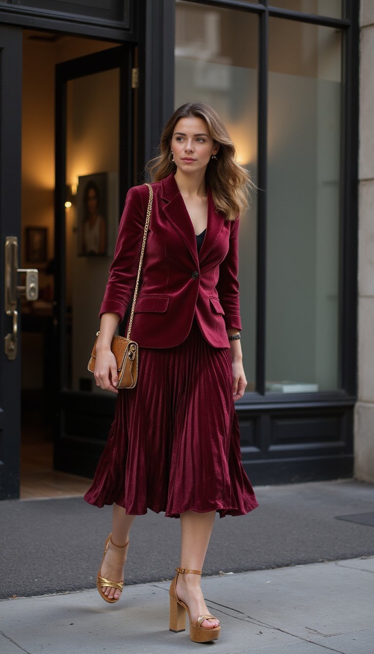 Chaqueta Terciopelo Y Falda Midi Plisada Con Plataforma