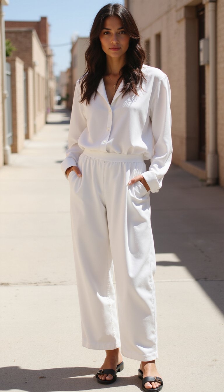 Monocromo Blanco Con Sandalias Planas Negras