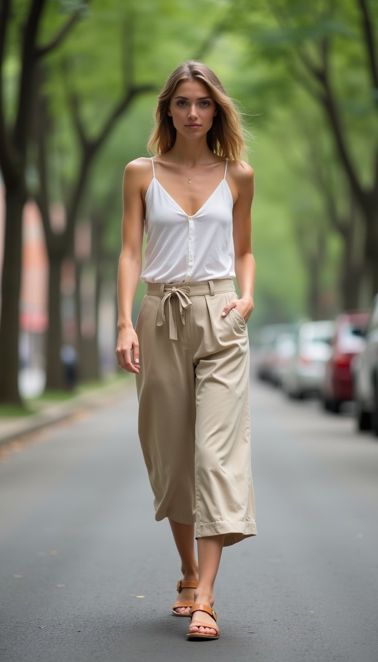 Pantalón Culotte Fresco Y Sandalias Planas