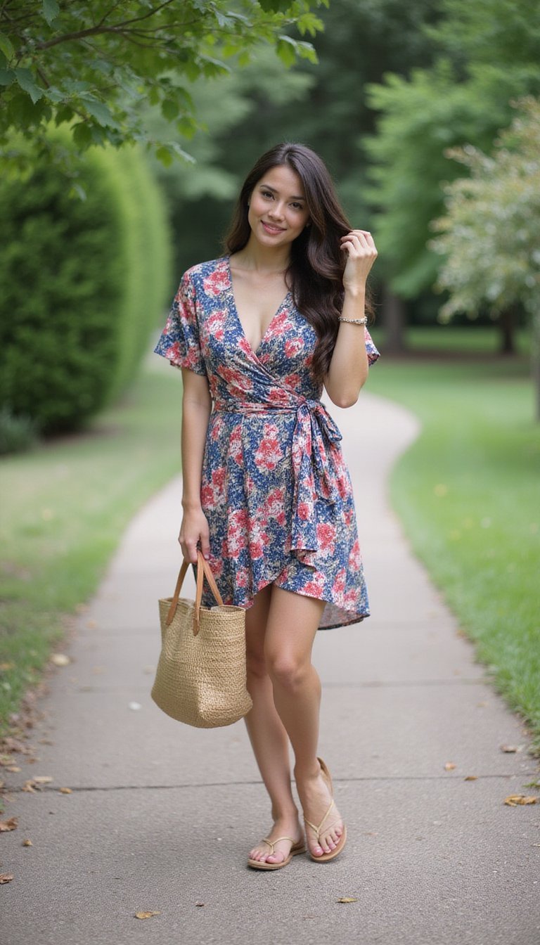 Vestido Cruzado Floral Y Sandalias Planas