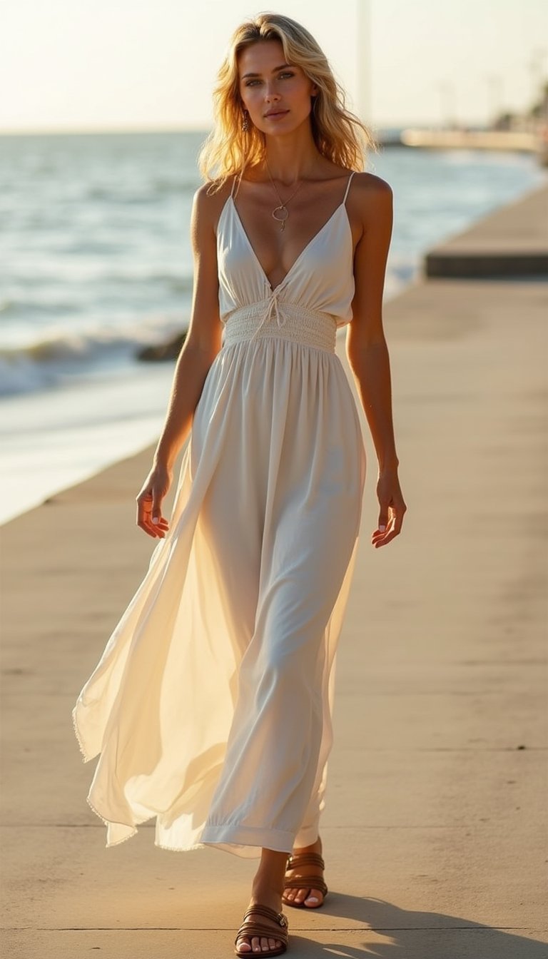 Vestido Largo Fluido Y Sandalias Planas