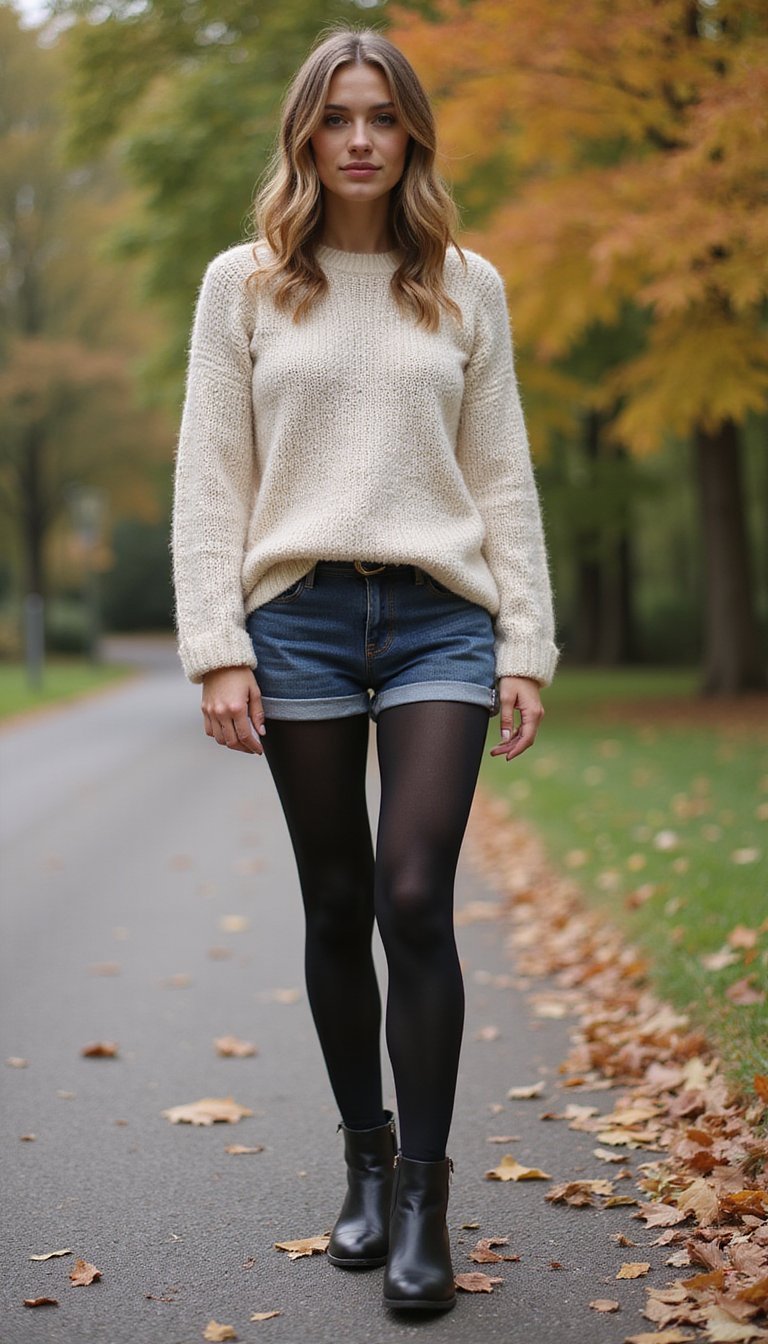 Cálido Otoño Shorts Con Medias Y Botines