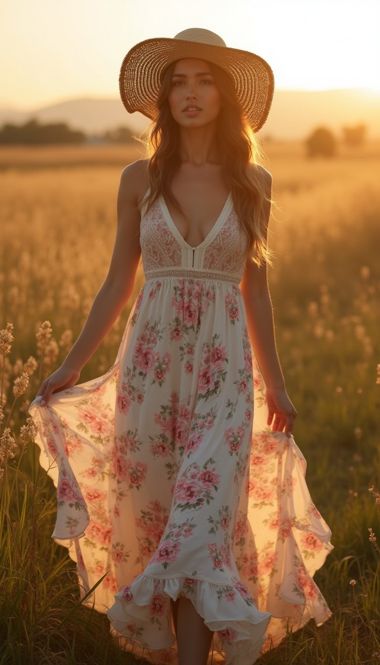 Boho Chic Con Vestido Largo Y Sombrero De Ala Ancha
