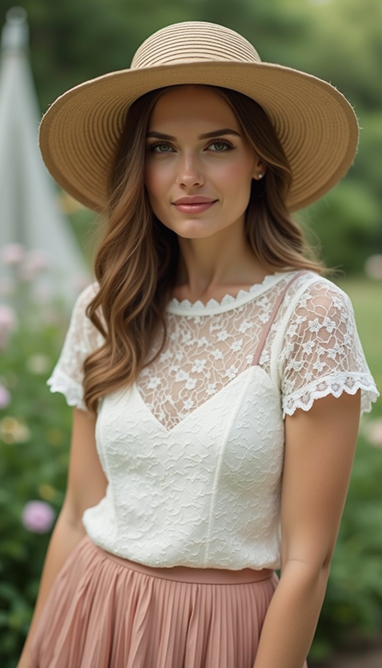 Romántico Con Blusa De Encaje Y Sombrero De Ala Ancha