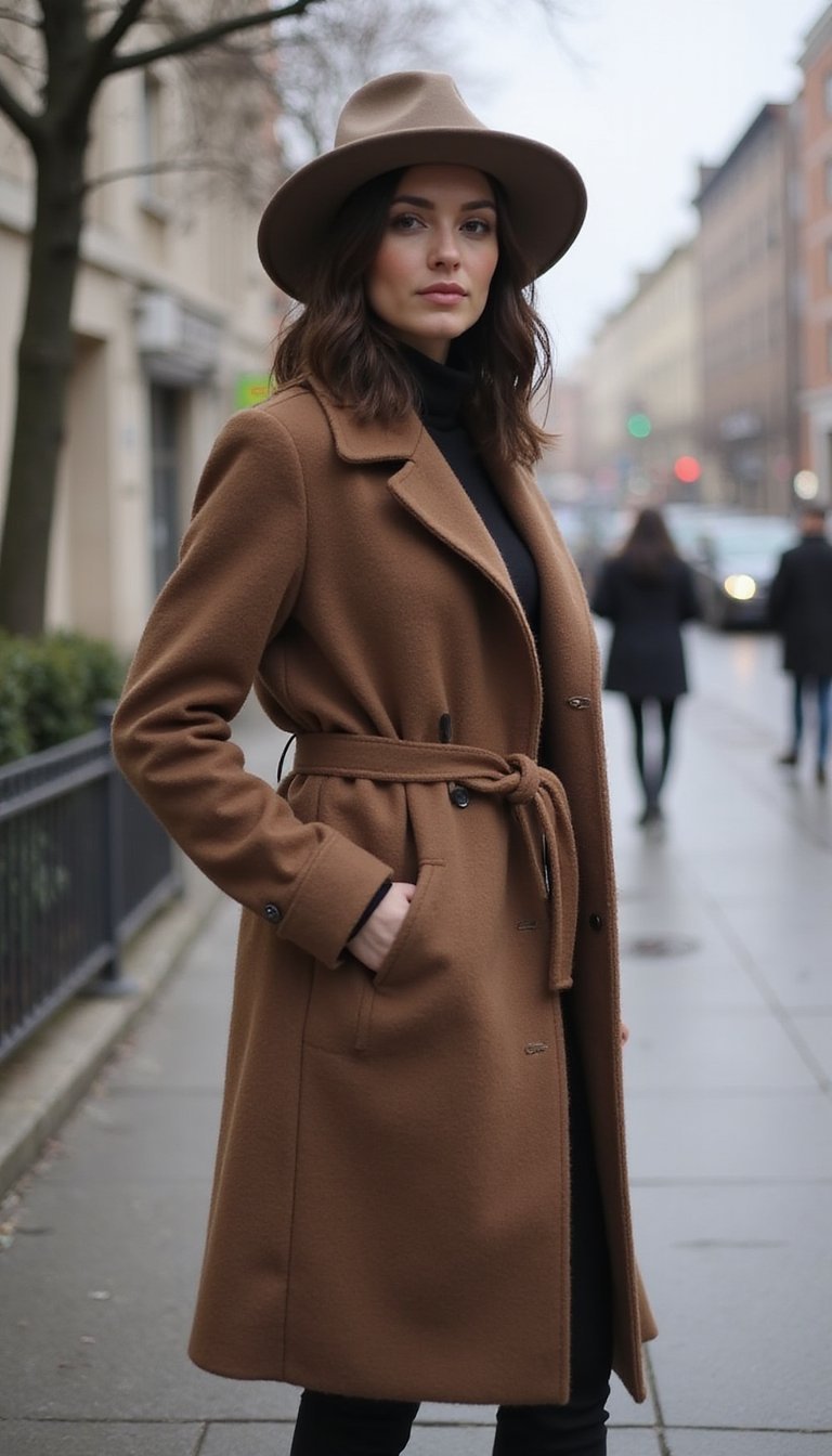 Sombrero De Ala Ancha Con Abrigo Largo De Lana