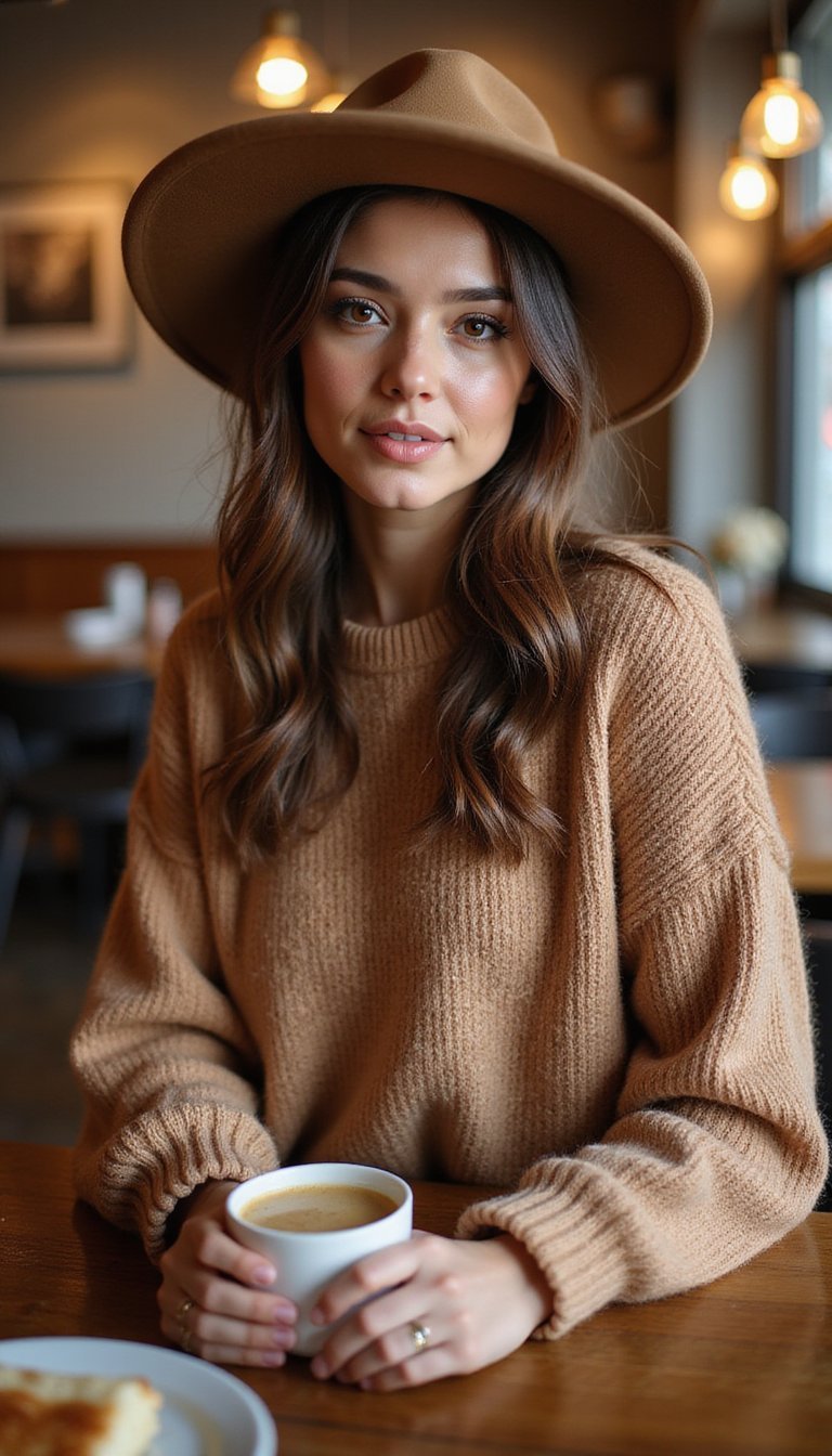 Sombrero De Ala Ancha Con Conjunto Coordinado De Punto