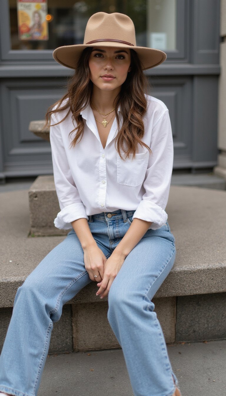 Sombrero De Ala Ancha Con Jeans Rectos Y Camisa Blanca