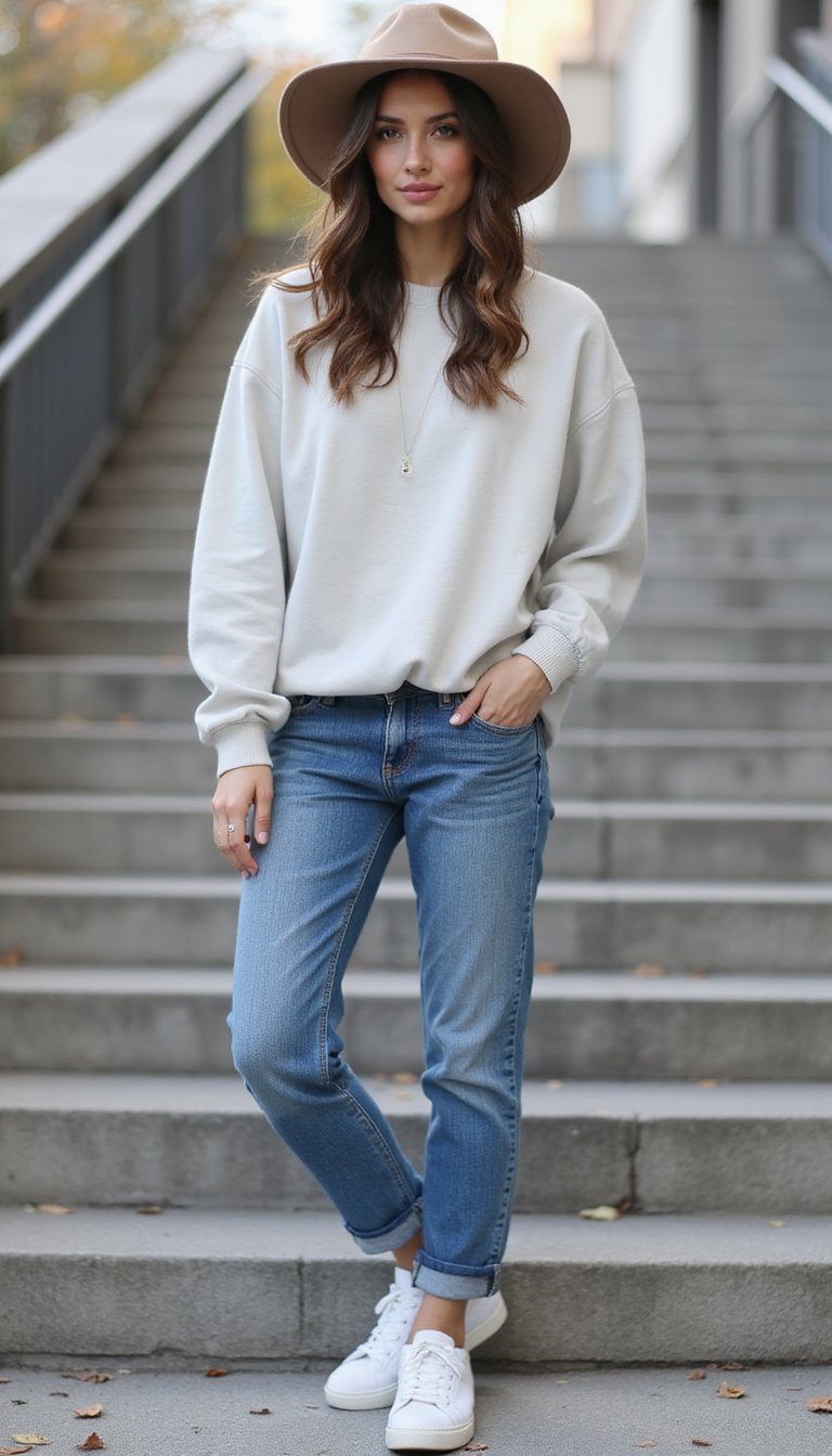 Sombrero De Ala Ancha Con Look Deportivo-Chic Y Jeans