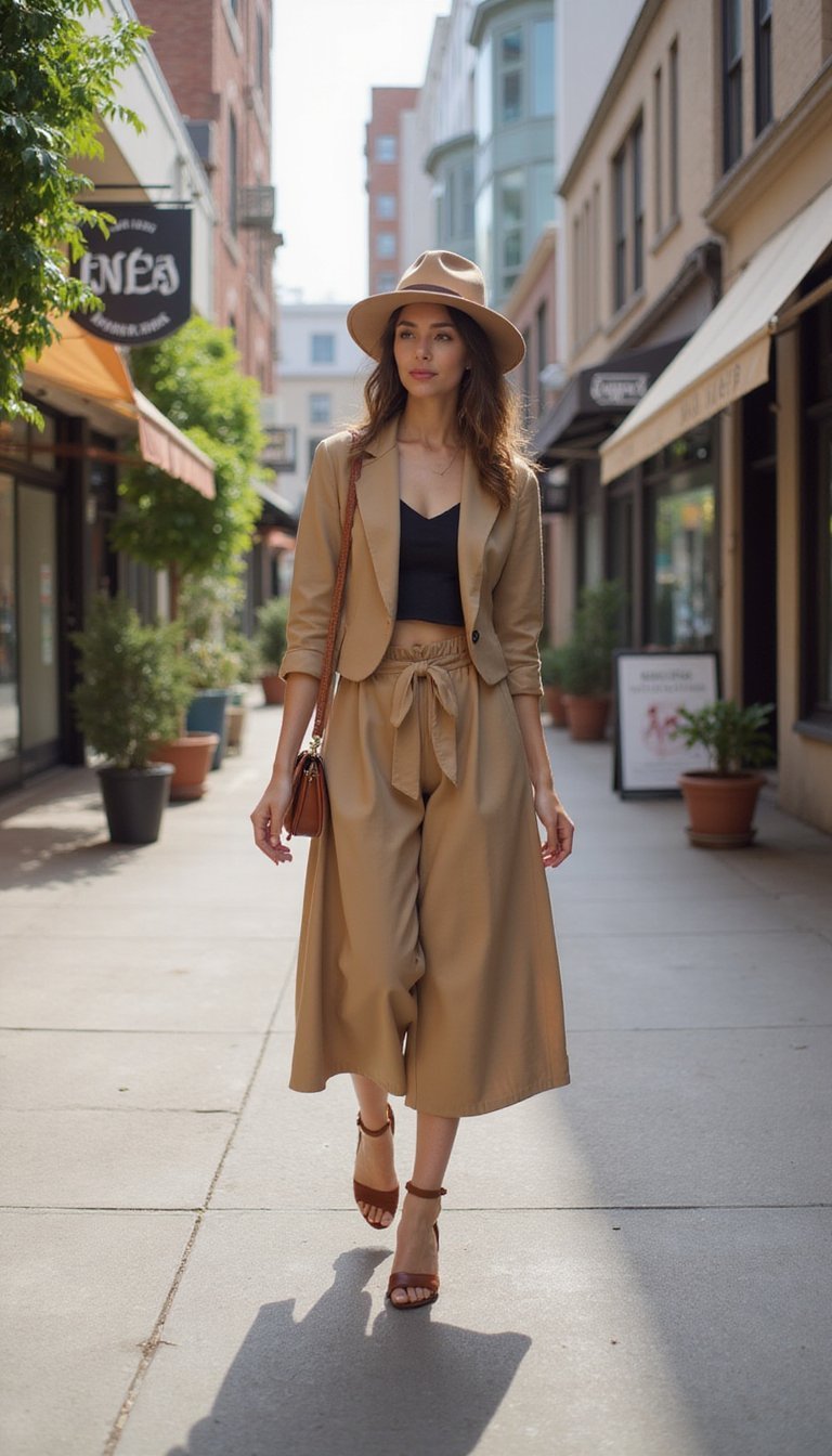 Sombrero De Ala Ancha Con Pantalón Culotte Y Top Corto