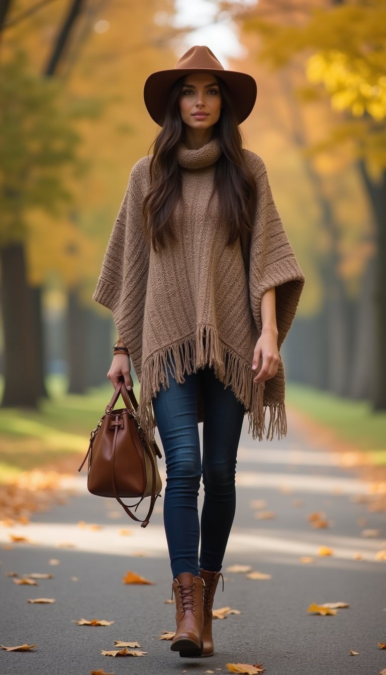 Sombrero De Ala Ancha Con Poncho Y Botines De Cuero