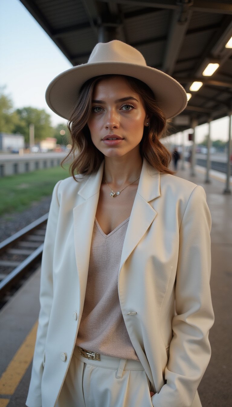 Sombrero De Ala Ancha Con Traje Sastre De Verano Ligero