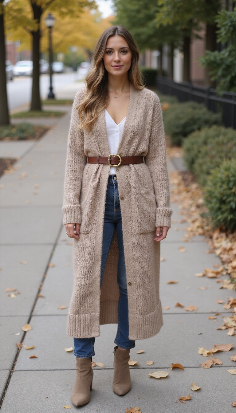 Cárdigan Largo Con Cintura Y Botines Neutros