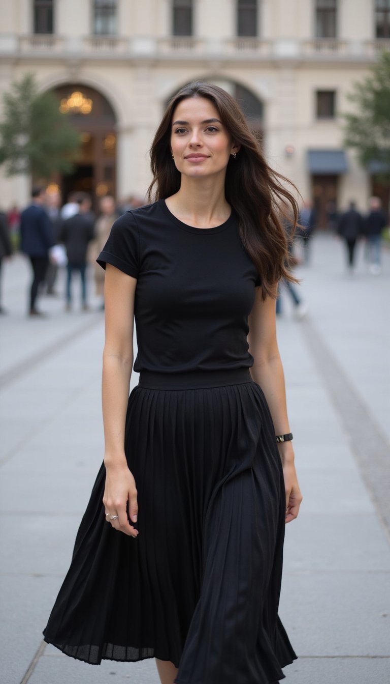 Camiseta Básica Negra Y Falda Midi Plisada