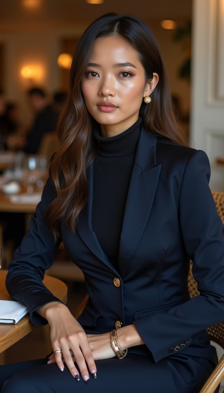 Look Monocromático Azul Marino Con Accesorios Dorados